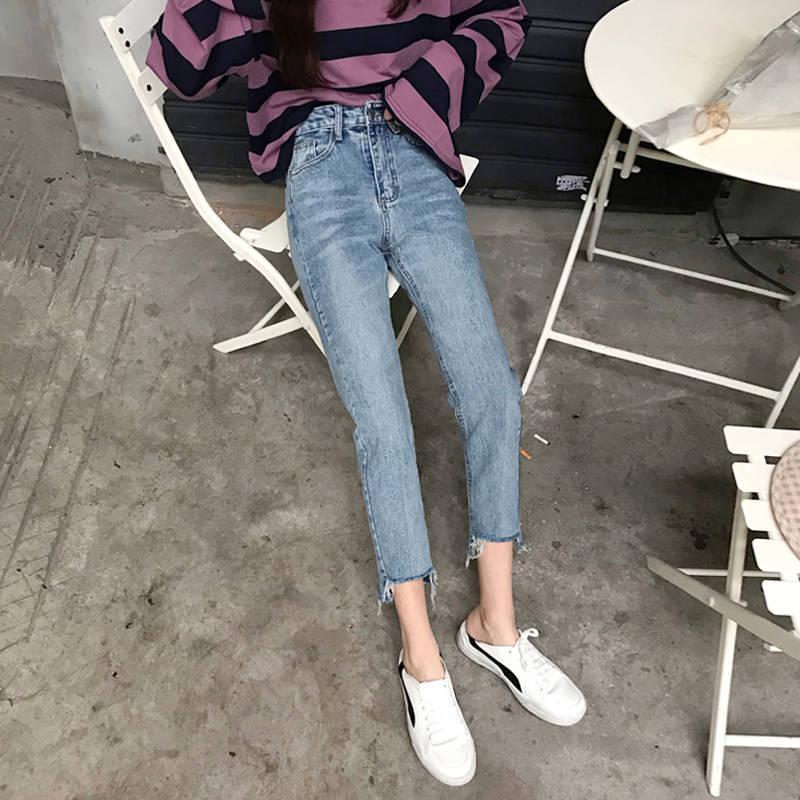 WTEMPO Retro High-waisted Jeans Schoolgirl  Thin Loose Straight Comfortable and Elastic Nine Pants