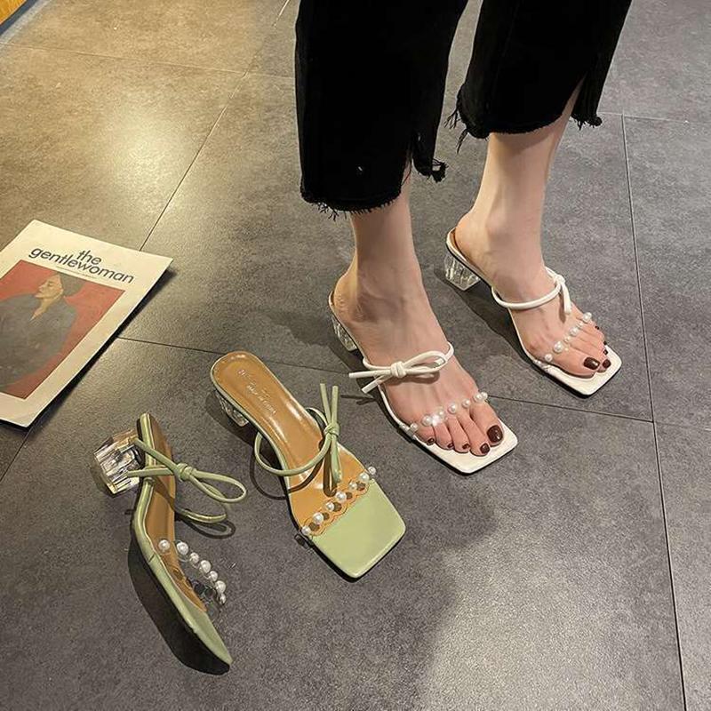 Crystal Heel Slippers Women's Summer Wear Fashion 2 Thick Heel Transparent Sandals