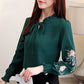 Embroidery Flowers Women Shirts Tops Long Sleeve Casual Chiffon Blouse Stand Collar Plus Size Shirt