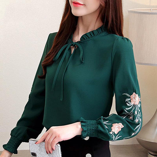 Embroidery Flowers Women Shirts Tops Long Sleeve Casual Chiffon Blouse Stand Collar Plus Size Shirt