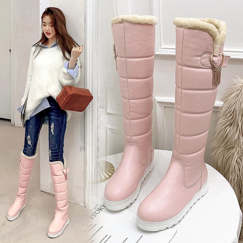 Women's High Boots Winter Shoes Waterproof Snow Boots Flat Heel Warm Fur Boots Thigh High Botas Black White 34- 43 Size