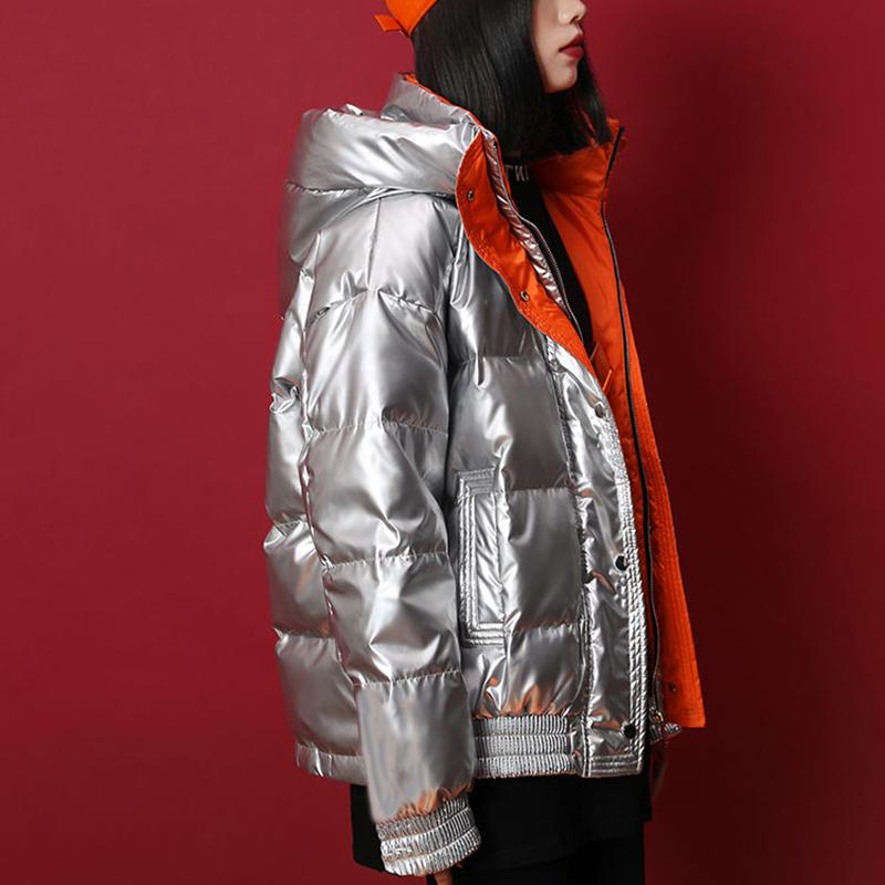 Women's Bright Print Short Down Jacket Winter Korean Loose Quilted Jacket Casual Stand-up Collar Hooded Down Jacket Quilted Jacket