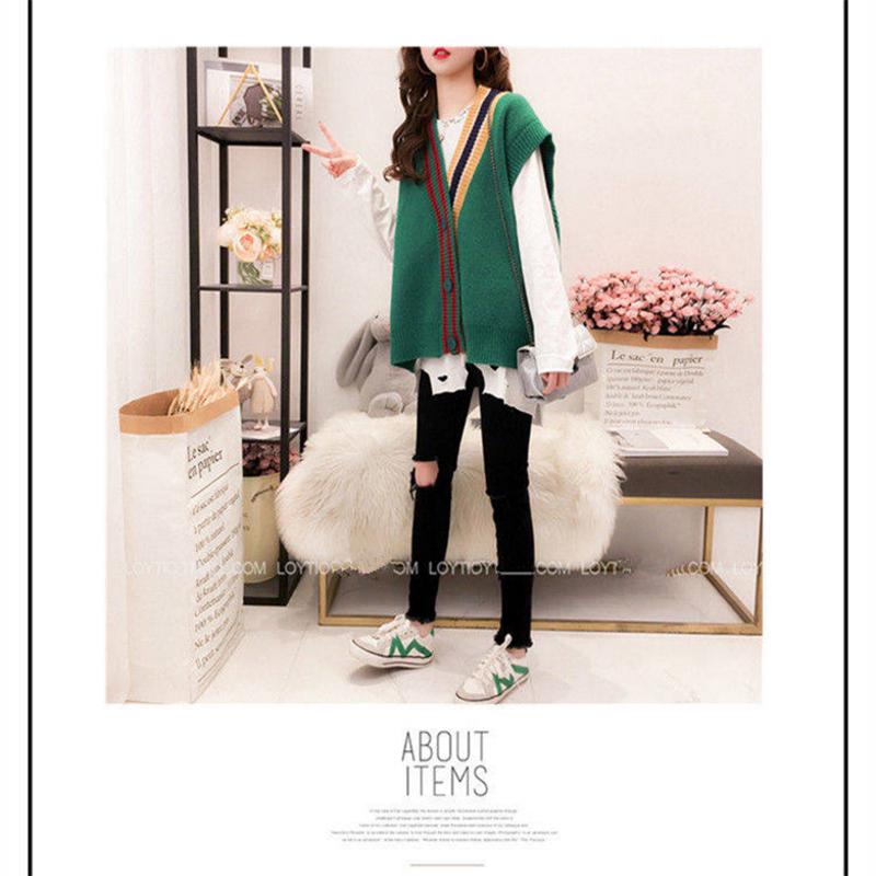 Knitted Sweater Women Vests Geometric V-Neck Sleeveless Cardigan Plus Size Loose Outerwear Vest