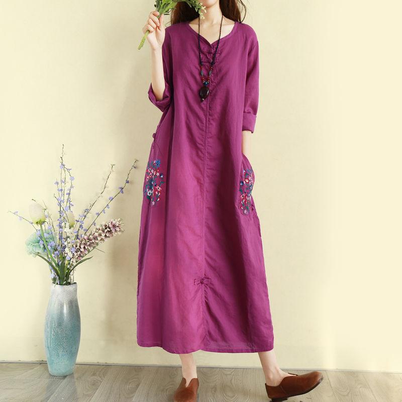 Retro Ethnic Style Cotton and Linen Embroidered Dress Long Full Length Buckle Loose Chinese Style
