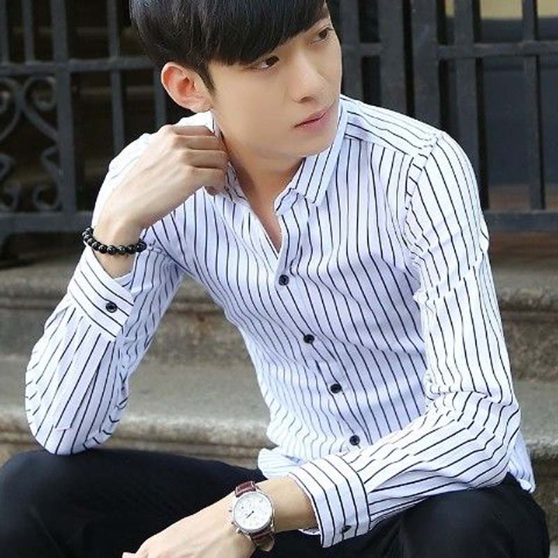 Spring and Autumn Men's Plaid Striped Long Sleeve Shirt Men's Slim Youth Business Casual White Shirt Work Shirt
