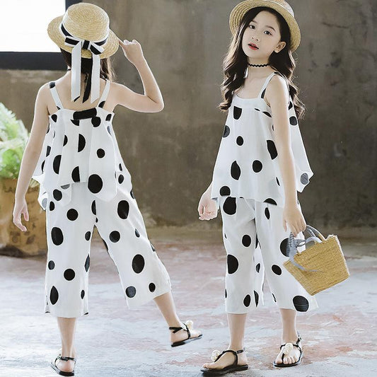 Girls' Summer Suits Big Children Western Style Korean Children's Summer Net Red Fashionable Chiffon Two-piece Suit