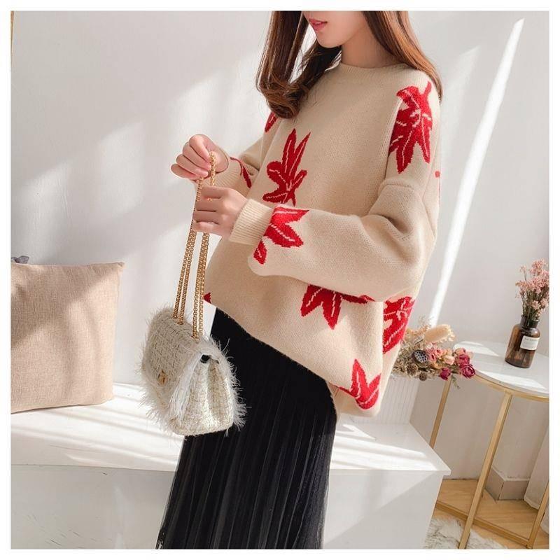Autumn and Winter Knitted Maple Leaves Pattern Sweater Thickened Round Neck Loose Sweater
