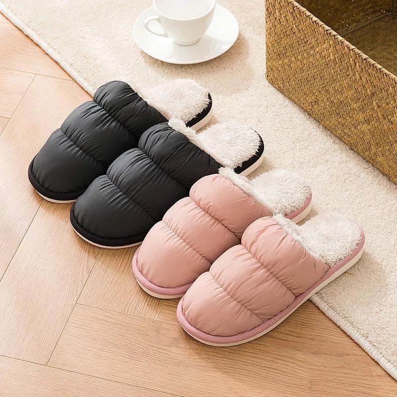 Cotton Slippers Women Thick Fleece Plus Size Couple Winter Shoes Black Plat Non Slip Men Slides
