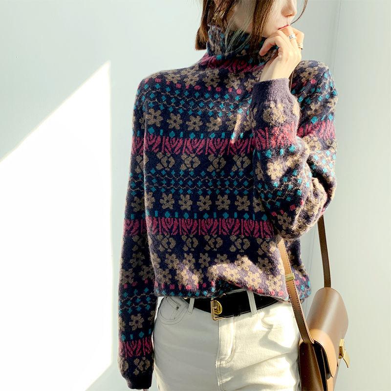Retro Jacquard Turtleneck Sweater Women Fall/winter Loose Pullover Long-sleeved Fashion Sweater Inner Base