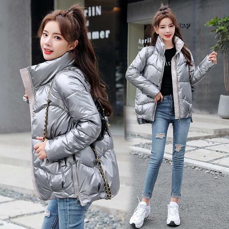 Fashion Women Winter Jackets Stand Collar Thicken Warm Down Coats Silver Bling Parkas 2021 New Lady Warm Jackets and Coat
