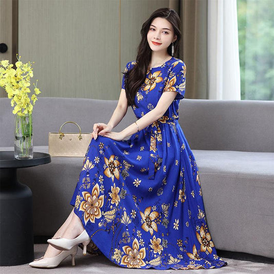 Cotton Silk Dress Female Mother's Dress Western Style Middle-aged and Elderly Plus Size Large Swing Skirt