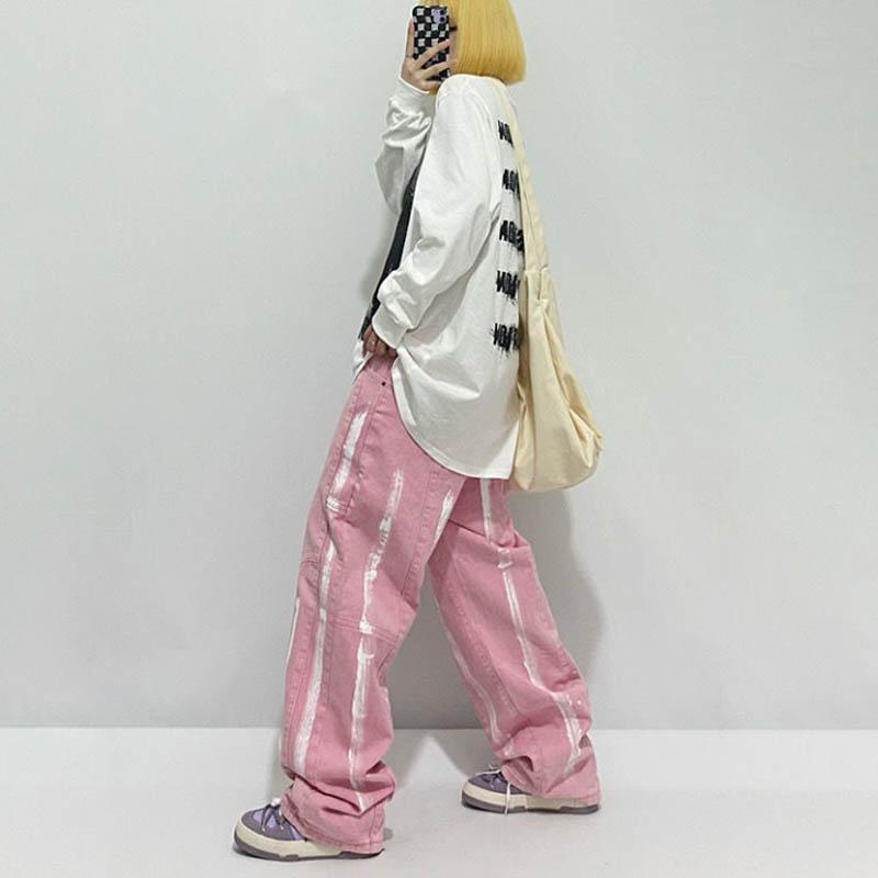 Pink Jeans Female Spring and Autumn Design INS Inkjet Wild Trend Loose Straight Bread Pants
