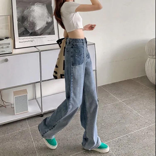 High Waist Display Thin Denim Wide Legs Pants Female Spring and Autumn Noodles Design Hard-to-earth Pants Stitching