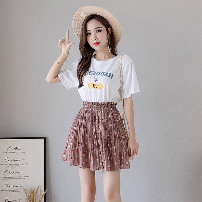 Pofulove Women Pleated Chiffon Skirt High Waist Slim Floral Package Hip Skirts Mini A-line Skirt