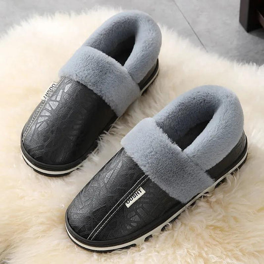 Bag Heel PU Leather Waterproof Winter Cotton Slippers Men's Indoor Household Non-slip Home Warm Cotton Shoes