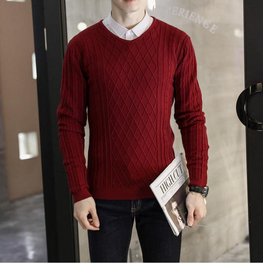 Autumn and Winter Korean Style Slim Men's Trend Solid Color Sweater Men's Fashion V-neck Pullover