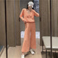 2PCS Women's Solid Color Suit Autumn and Winter Knitted V-neck Cardigan Jacket + Casual Straight Wide Leg Pants Two-piece Suit Loose Casual Sets