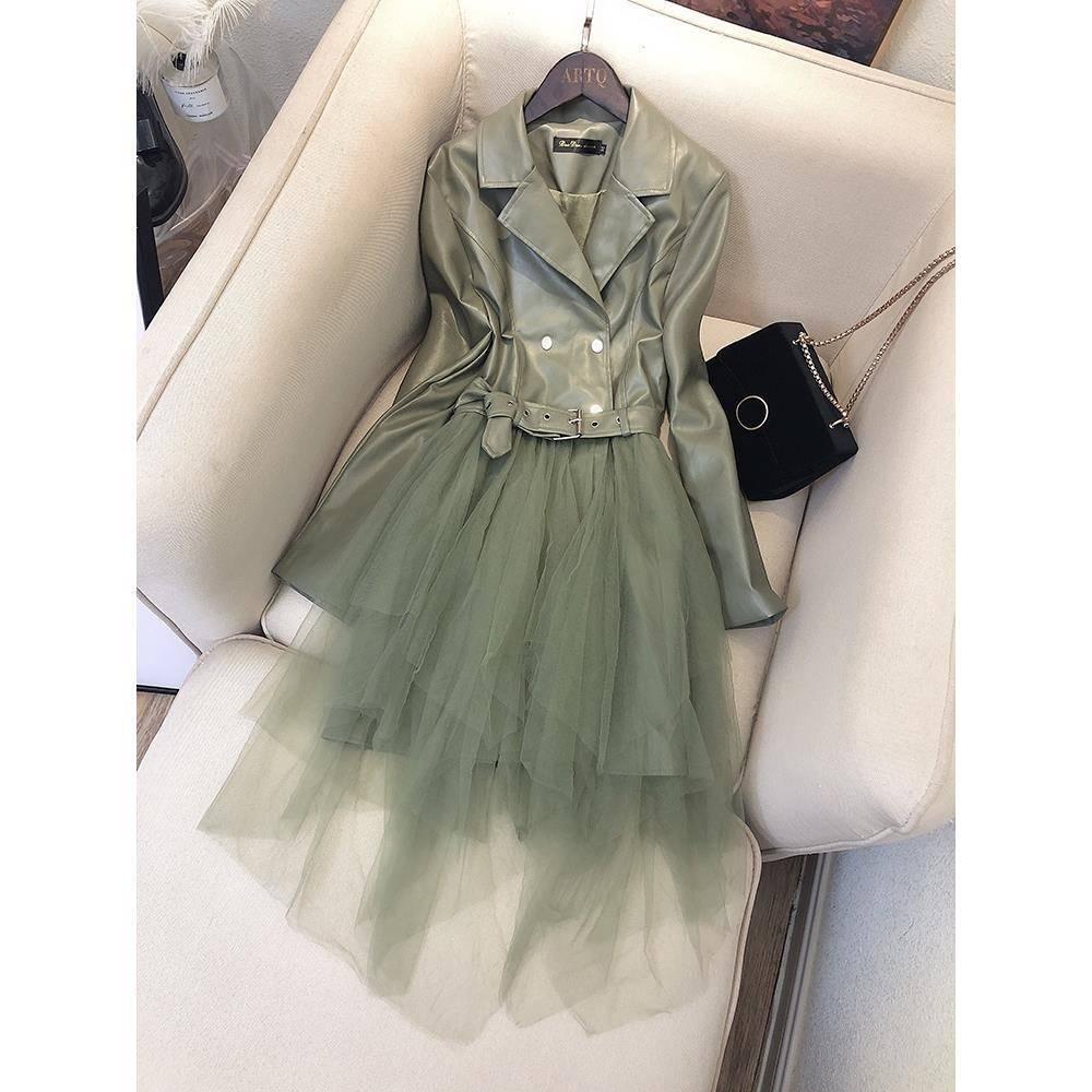 Irregular Leather Suit Skirt PU Leather Stitching Mesh Gauze Fake Two Long Dresses
