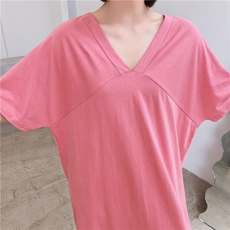 Large Size Slit T-shirt Dress Female Summer V-neck Loose Long Over-the-knee Open Back Long Dress