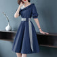 Women Casual Sashes A Line Party Dress Ladies Belt Waist Turn Down Collar OL Style Shirt Dress Summer