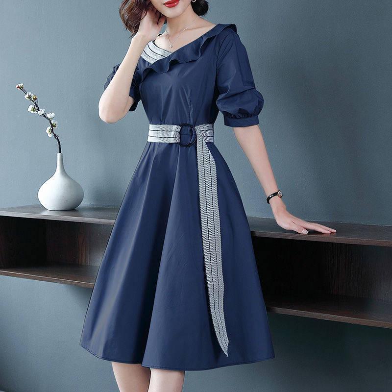Women Casual Sashes A Line Party Dress Ladies Belt Waist Turn Down Collar OL Style Shirt Dress Summer
