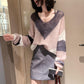 Ouqiu Hollow Knit Sweater Women's V-neck Long Sleeve Sweater Loose Outer Blouse