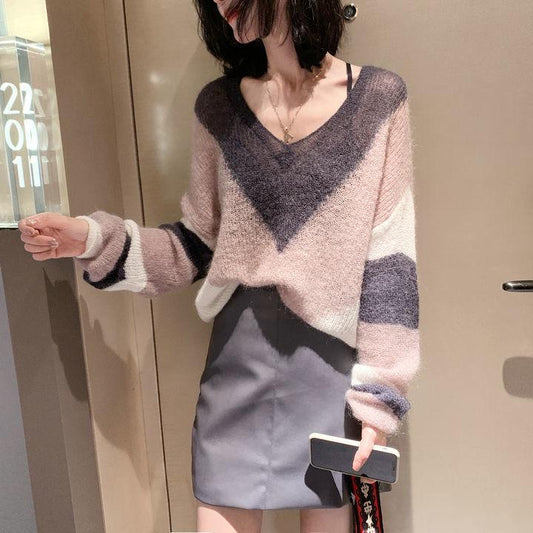 Ouqiu Hollow Knit Sweater Women's V-neck Long Sleeve Sweater Loose Outer Blouse