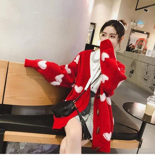 Autumn and Winter Loose Mid-length Cardigan Lazy Heart-shaped Sweater Student Casual Jacket
