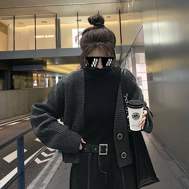 Pofulove Women's Autumn Knit Cardigan Jacket Women Loose Student Thick Sweater Female Winter Coat