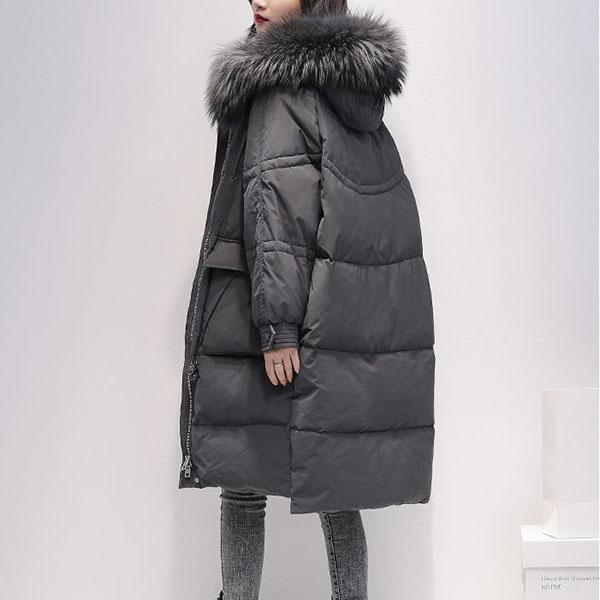 Winter All-match Mid-length Down Jacket Women's Hooded White Duck Down Real Big Fur Collar Jacket Thickened Warmth