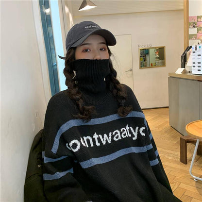 Turtleneck Color Matching Alphabet Sweater Schoolgirl Loose Wild Thick Sweater Winter Coat