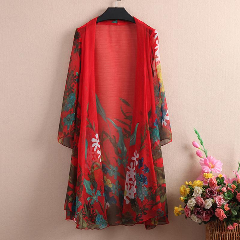 Chiffon Cardigan with Women's Summer Mid-length Thin Beach Sunscreen Shawl Jacket Ethnic Style Air-conditioning Shirt