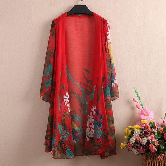 Chiffon Cardigan with Women's Summer Mid-length Thin Beach Sunscreen Shawl Jacket Ethnic Style Air-conditioning Shirt