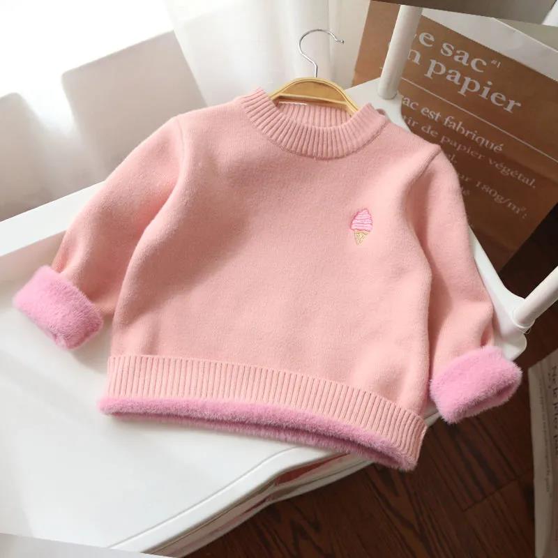 Girls' Sweater Foreign Style Children's Pullover Baby Thickened Plush Warm Knitted Bottom Shirt