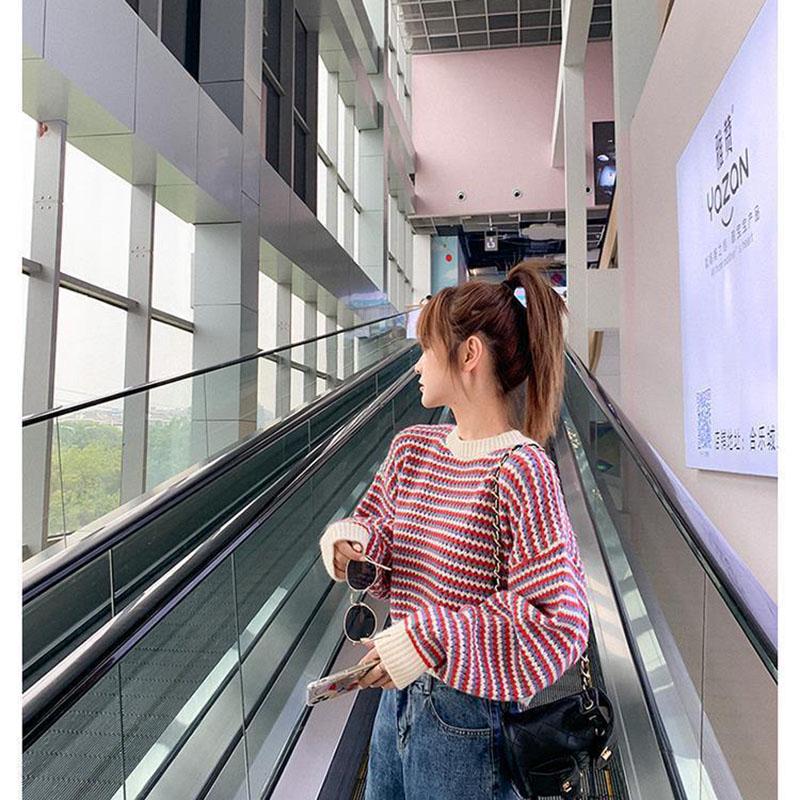 Autumn Cocoon Fashion Sweater Loose Outer Wear Casual Jacket Short Striped Sweater Sweater