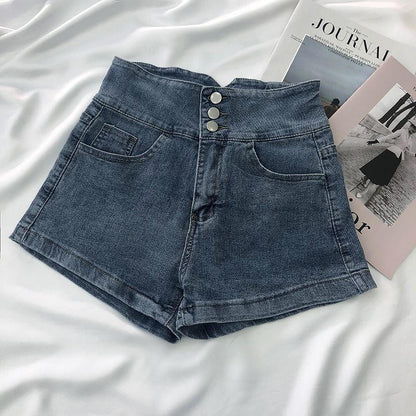 High Waist Denim Shorts Female Summer Korean Version of Ins Retro Metal Chain Design Sense A-line Wide-leg Pants