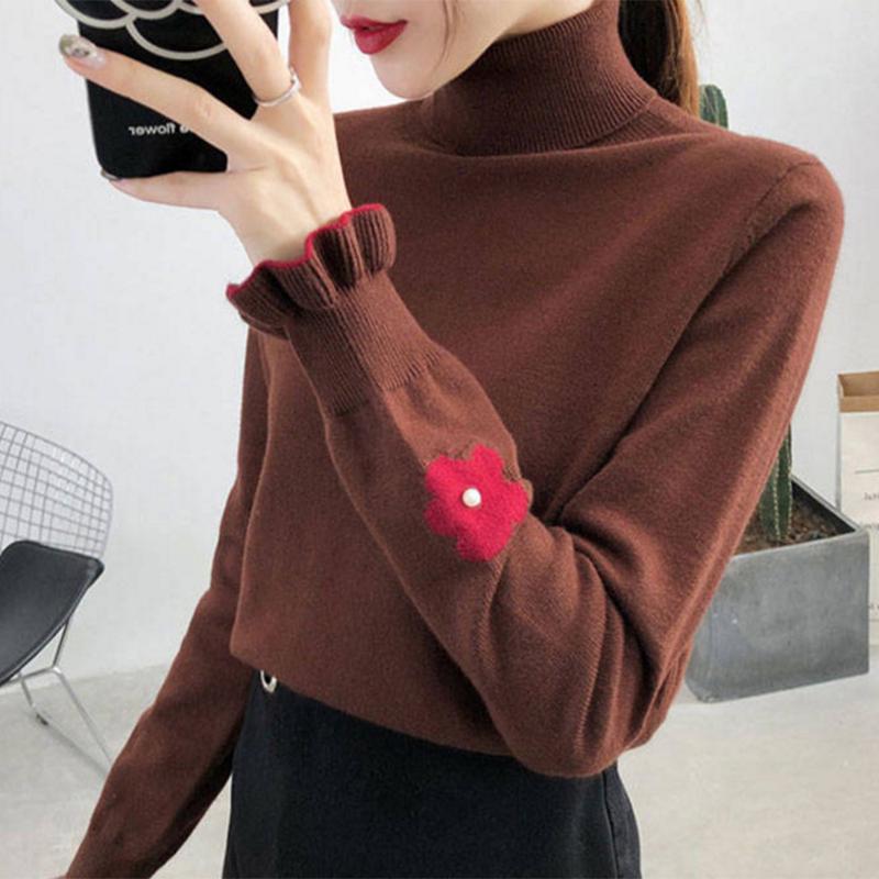 PofuLove Autumn and Winter Tops Pullover Turtleneck Sweater Outerwear Flower Embroidered Sweater