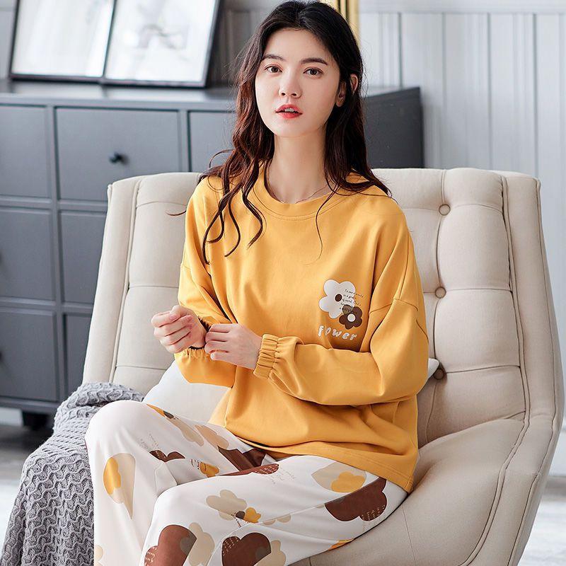 Women Pajamas Set Cotton Pyjamas Suit Long Sleeve Sleepwear Loose Casual Nightwear Spring Autumn Tops and Pants Sets Pullover Round Neck Cute