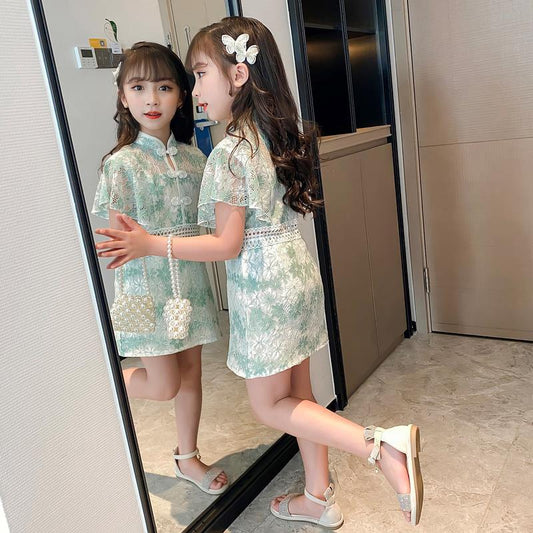 Girls' Dress Summer Broken Flowers Dress Children Net Red Girl Chinese Style Fake Two Pieces of Lace Skirt
