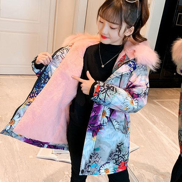Kids Printed Fur Parkas for  Girls Winter Thick Warm Hooded Faux Fur Coat Unisex  Parka Jacket with Faux Fur Collar Outwear