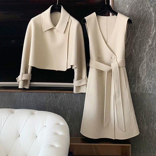 Two-piece Thermal Insulation Woolen Two-piece Short Autumn and Winter Woolen Coat Women's Mid-length Woolen Vest A-line Skirt