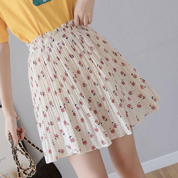 Pofulove Women Pleated Chiffon Skirt High Waist Slim Floral Package Hip Skirts Mini A-line Skirt