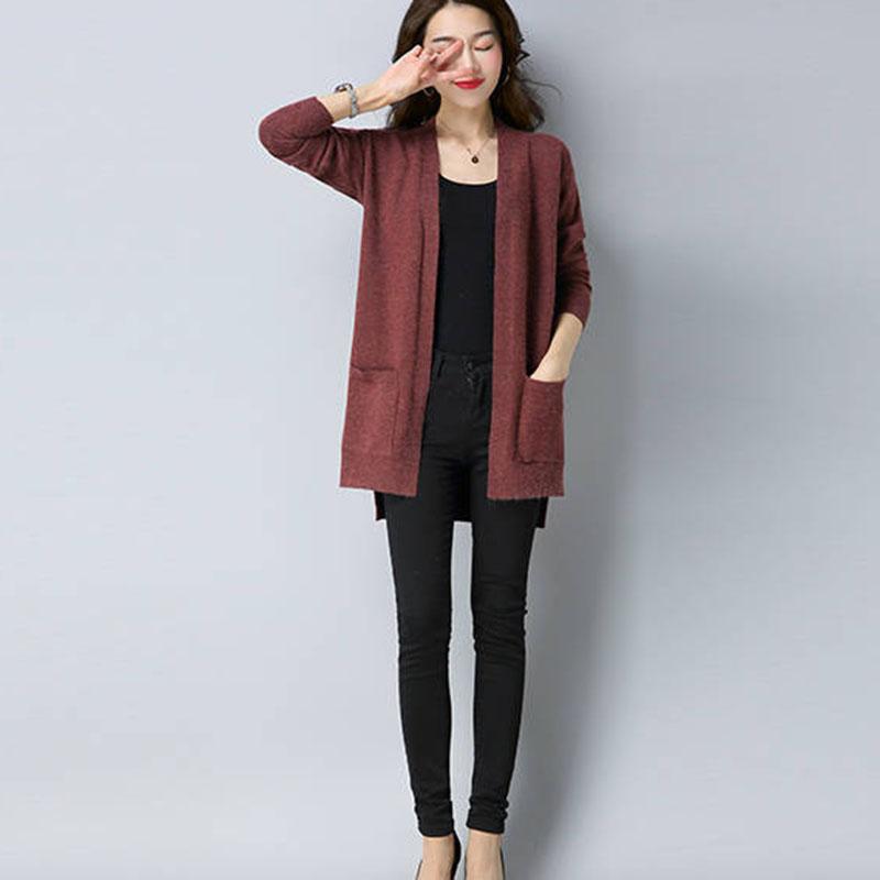 Spring and Autumn Mid-length Knitted Sweater Cardigan Solid Color All-match Top Long Sleeve Loose Women's Jacket