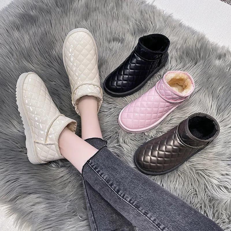 Winter Plus Velvet Casual Rhombus Cotton Shoes Boots Waterproof Snow Boots Women