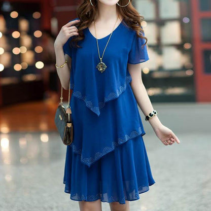 Pofulove L-5XL Women Plus Size Chiffon Dress Loose Mid-length V-neck A-line Beach Skirt Sun dresses