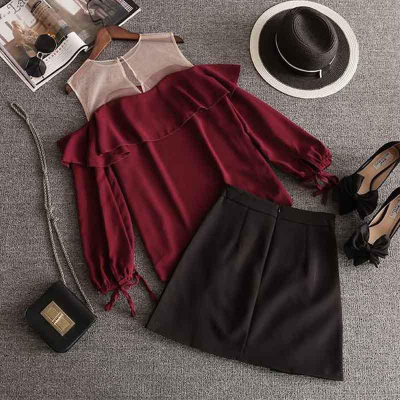 Pofulove Women Ruffled Long Sleeve Shirt+Sexy Pleated Skirt 2pcs Office Lady T-shirt Skirt Suits
