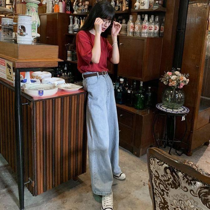 WTEMPO Summer Thin Section Wide Leg Pants High Waist Jeans Were Thin Wild Loose Straight Pants Trousers