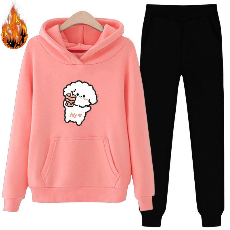 Printed Hoodie Sweater Women's Long Sleeve Fall/Winter Warm Pullover Pocket Plus Fleece Sweater Women's Two-piece Casual Warm Suit