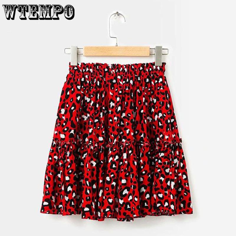 Sexy Leopard Pleated Skirts Mini Boho Elastic High Waist Ruffles Elastic Waist High Above The Knee Skirt