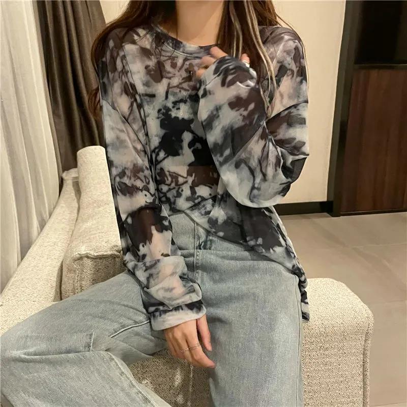 Fall Version of Tie dye Loose Simple Long-sleeved fall T-shirt Women Simple Pure color Bottoming Net yarn Blouse Tee